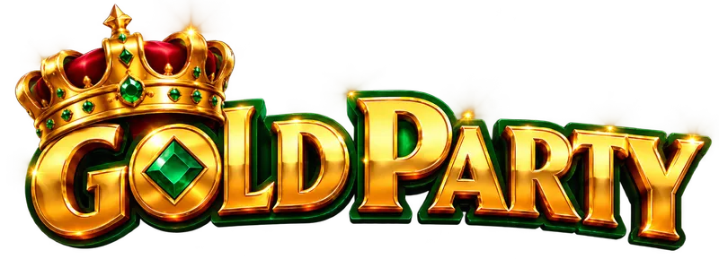 Gold Party logo con letras doradas, corona real y esmeralda verde sobre fondo transparente.