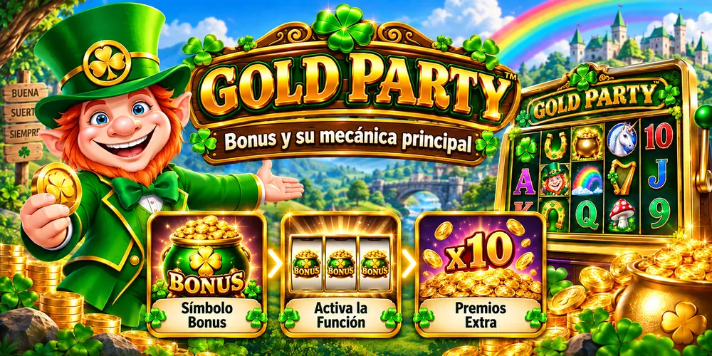 gold party bonus con duende, tragamonedas y mecánica principal