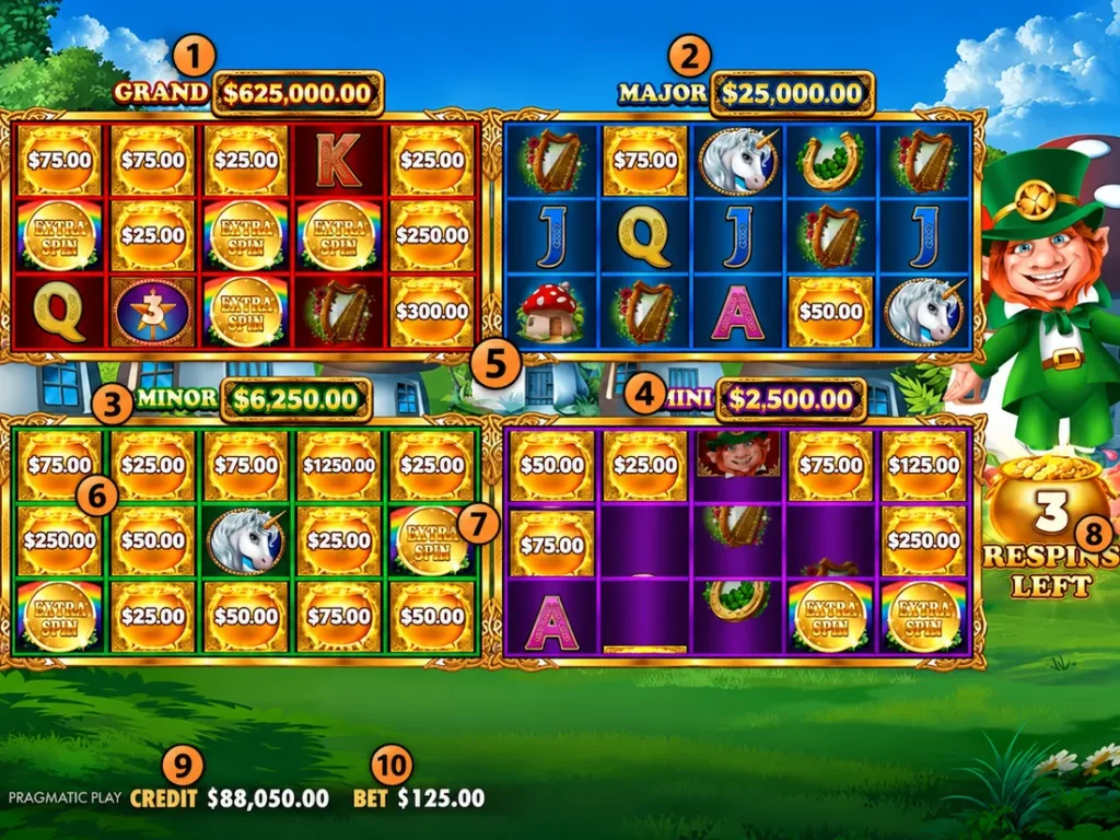 Pantalla del bonus Money Respin de Gold Party con premios Grand, Major, Minor y Mini